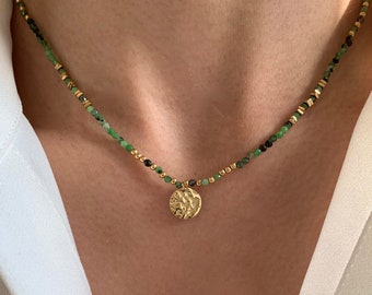 Collier pierre naturelle Tourmaline verte / Collier femme perles pendentif rond acier inoxydable