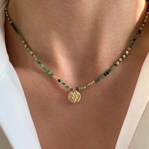Collier pierre naturelle Tourmaline verte / Collier femme perles pendentif rond acier inoxydable Tourmaline verte