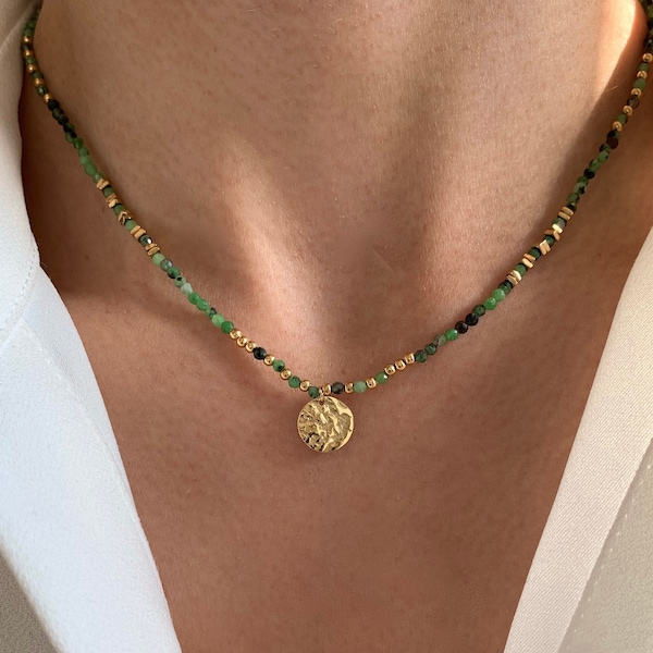 Collier pierre naturelle Tourmaline verte / Collier femme perles pendentif rond acier inoxydable