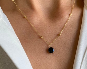 Collier acier inoxydable pendentif pierre onyx noir / Collier femme minimaliste chaine fine