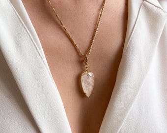 Rock crystal heart pendant necklace with twisted gold-plated stainless steel chain / Women's necklace with white natural stone