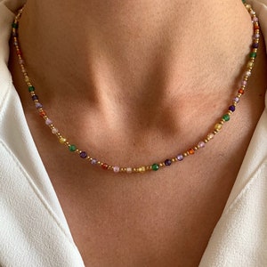 Multicolored pearl necklace / Women's stainless steel necklace, pink blue green pearls