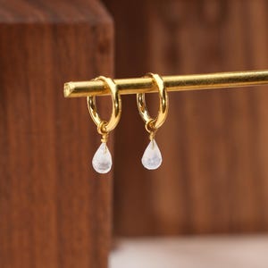 Stainless steel mini hoop earrings with brilliant crystal drop / Stone sleepers