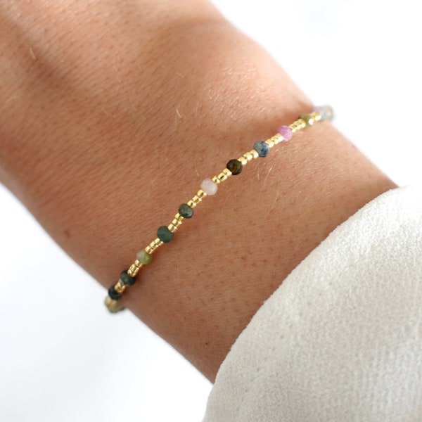 Women's natural stone bracelet Pink Tourmaline / Multicolor sliding bead bracelet