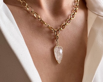 Rock crystal heart pendant necklace with thick stainless steel chain / Women's necklace with oval chain and natural stone