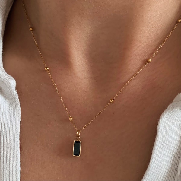 Fijne zwarte onyx stenen hanger ketting / Minimalistische damesketting met fijne roestvrijstalen ketting / Damescadeau