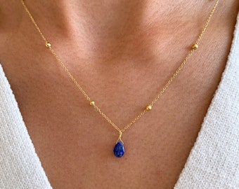 Collier fin pendentif goutte pierre bleue Lapis Lazuli / Collier femme minimaliste chaine acier inoxydable