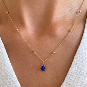 Fine Lapis Lazuli blue stone drop pendant necklace / Minimalist women's necklace with stainless steel chain