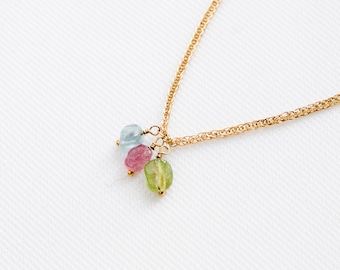 Natural stone pendant necklace in pink, green, and blue tourmaline / Women's necklace with gold-tone stainless steel chain