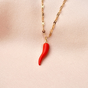May include: A gold chain necklace with a red chilli pepper pendant.