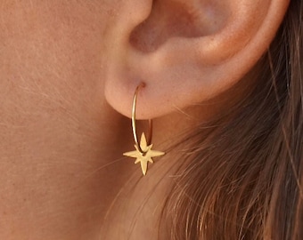 Stainless steel hoop earrings with star pendant / Women's small fine gold tassel hoop earrings