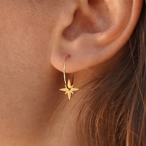 Stainless steel hoop earrings with star pendant / Women's small fine gold tassel hoop earrings