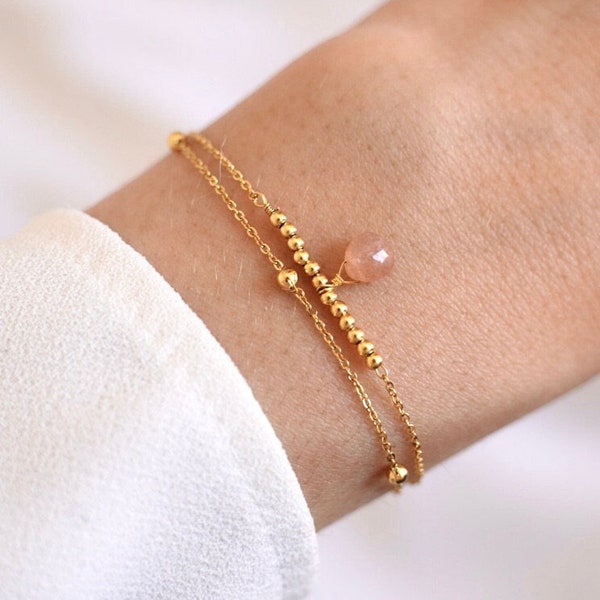 Bracelet femme double rang chaine fine pierre quartz rose / Bracelet doré à l'or fin