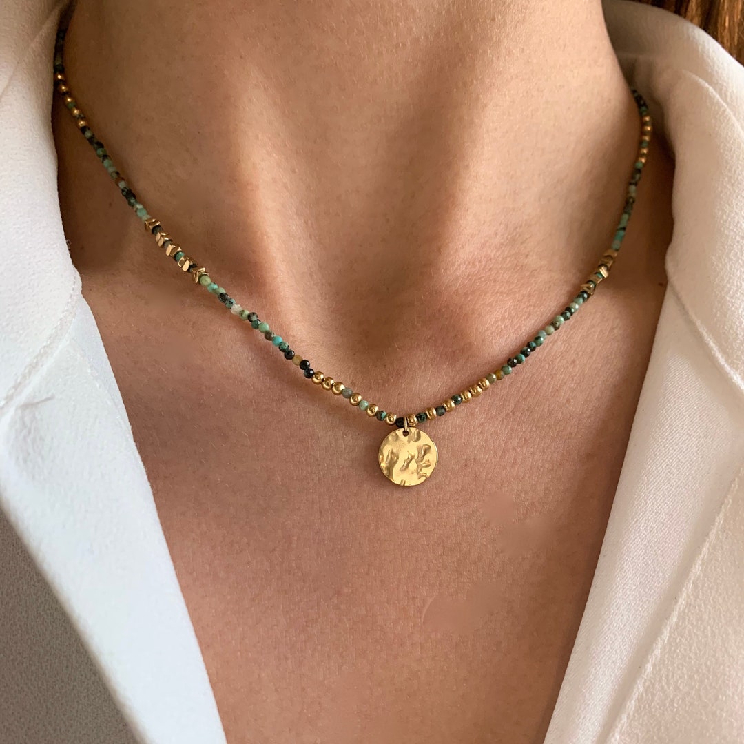 Collier en Pierre Naturelle - Turquoise et Pierre de Lave sur cordon réglable