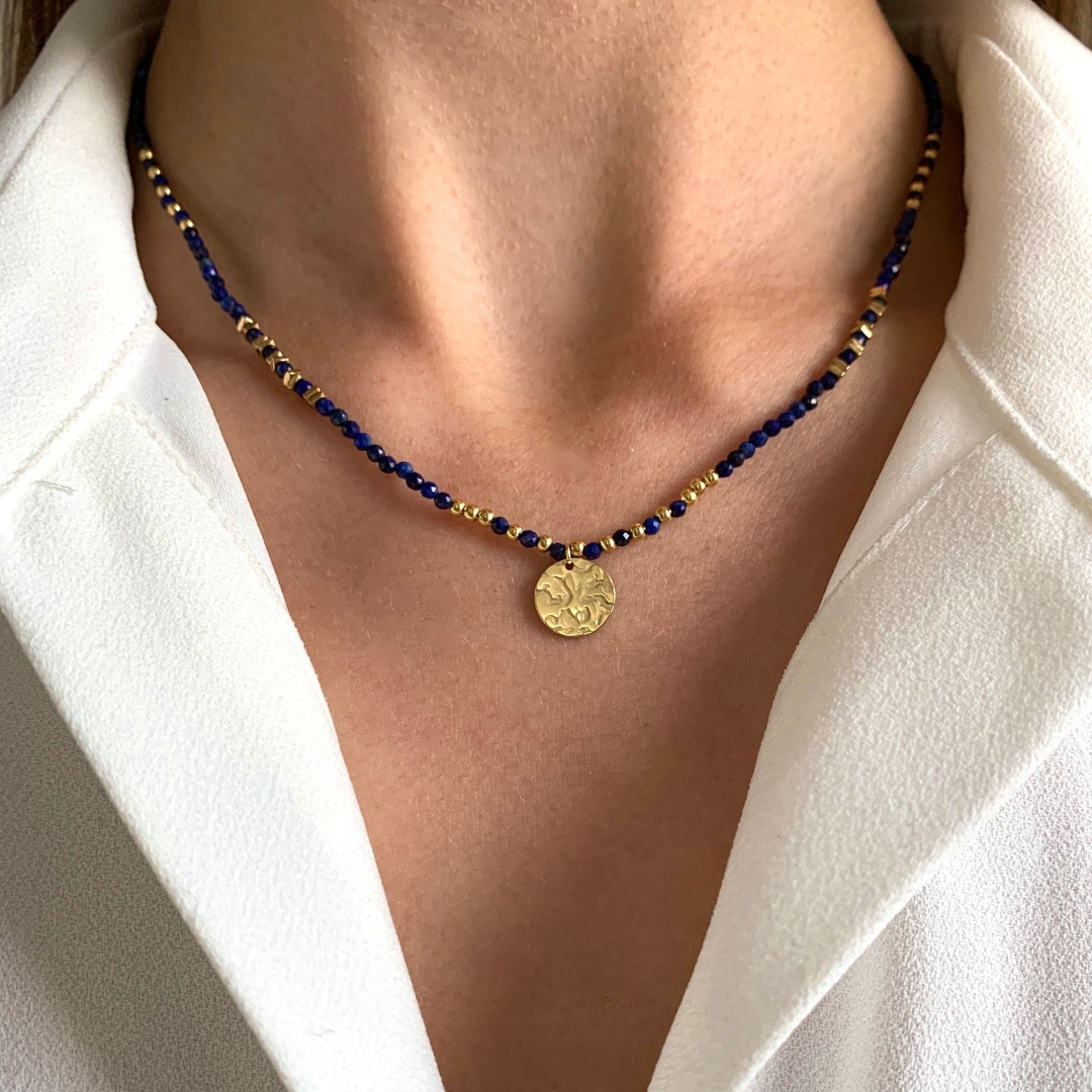 Collier Acier Inoxydable Lapis Lazuli Perle De Culture Blanc 24 Perles 4 Mm 42 45 Cm O4 Mm 600470
