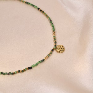 Collier pierre naturelle Tourmaline verte / Collier femme perles pendentif rond acier inoxydable image 4