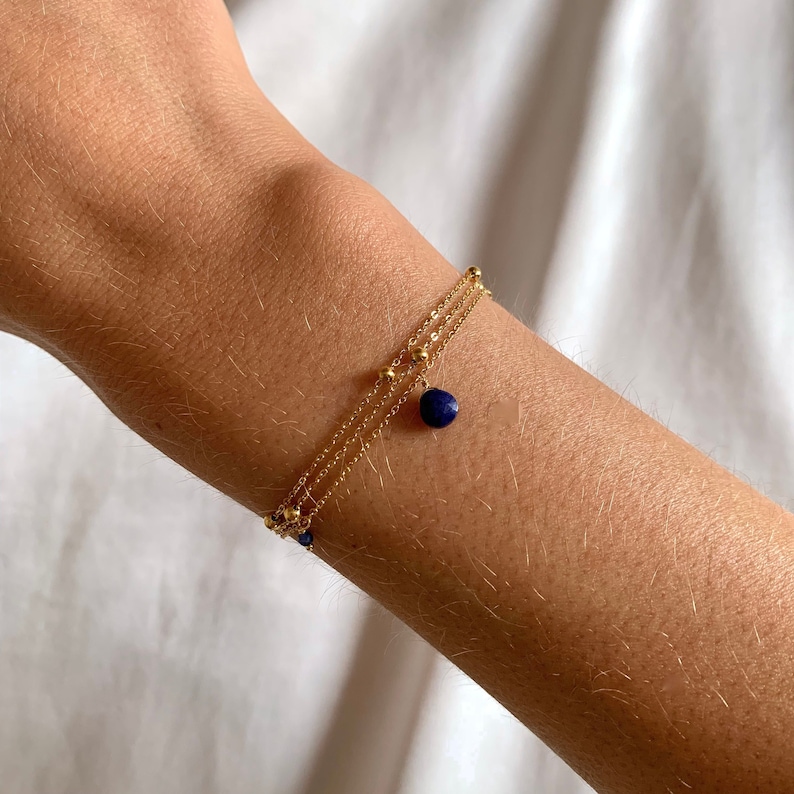 Bracelet femme acier inoxydable triple rang chaine fine pierre naturelle lapis lazuli image 1