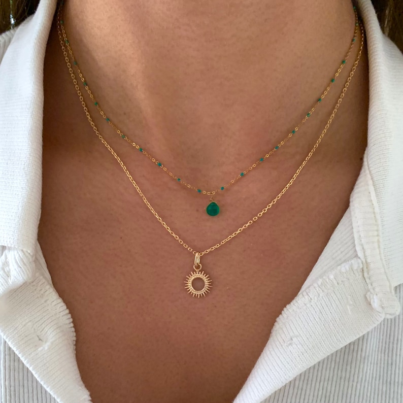 Roestvrij stalen ketting met groene Agaat stenen druppelhanger / Minimalistische damesketting afbeelding 2