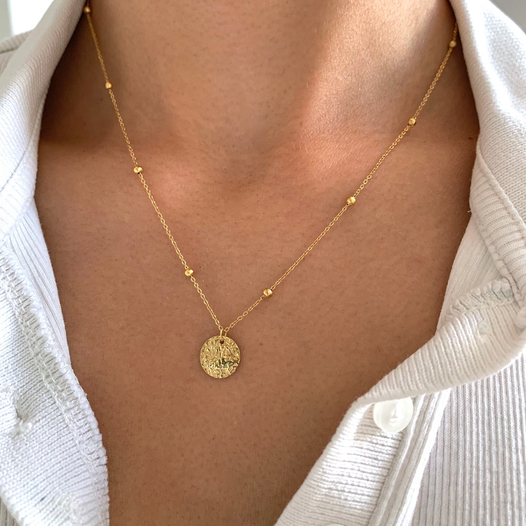 Collier acier inoxydable pendentif rond martelé chaine boule / - Etsy France