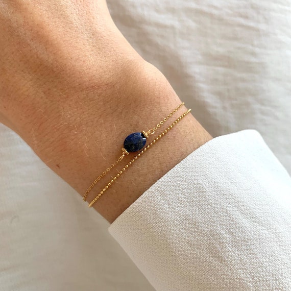 Bracelet femme acier inoxydable double rang chaine fine pierre naturelle lapis lazuli