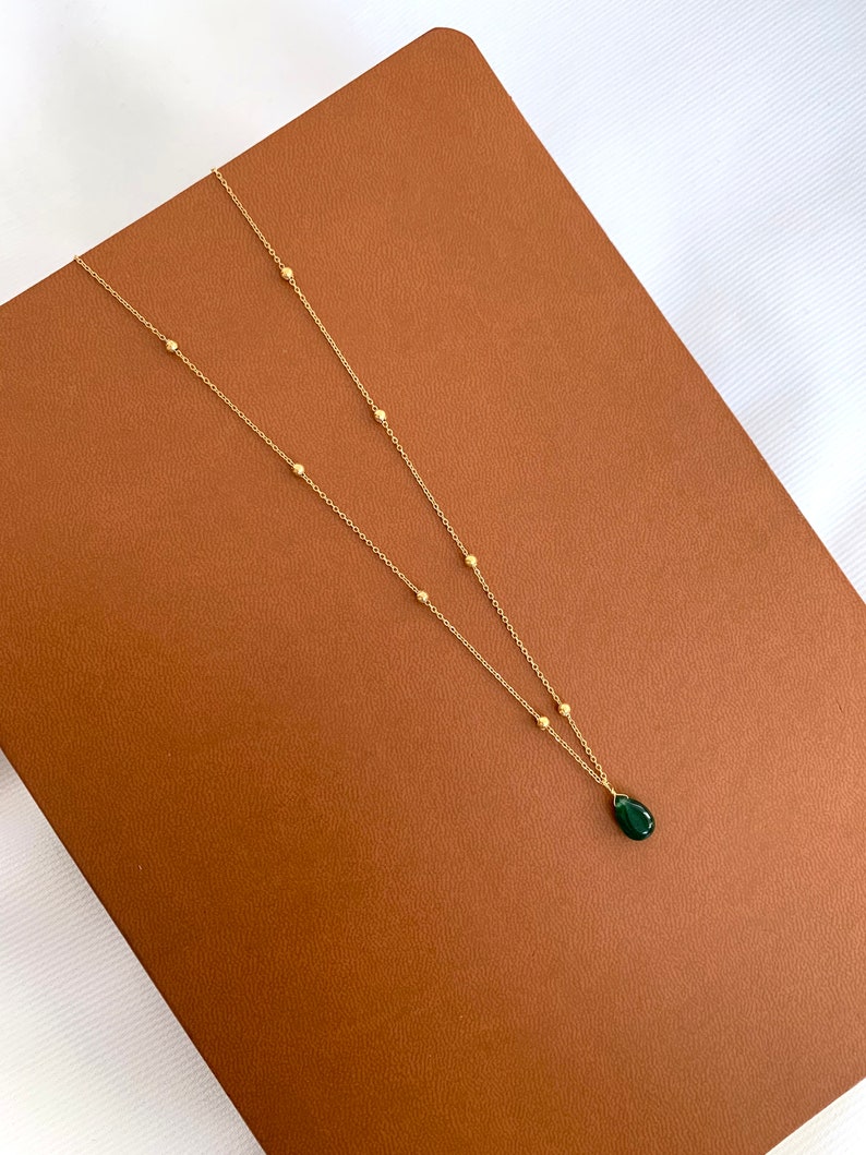 Fine green stone pendant necklace / Minimalist women's necklace with stainless steel chain image 2