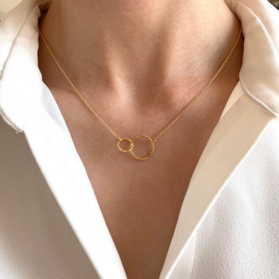 Gold Plated Necklace With Round Ring Pendant Women s Gold Plated Chain Necklace With Double Rings Etsy