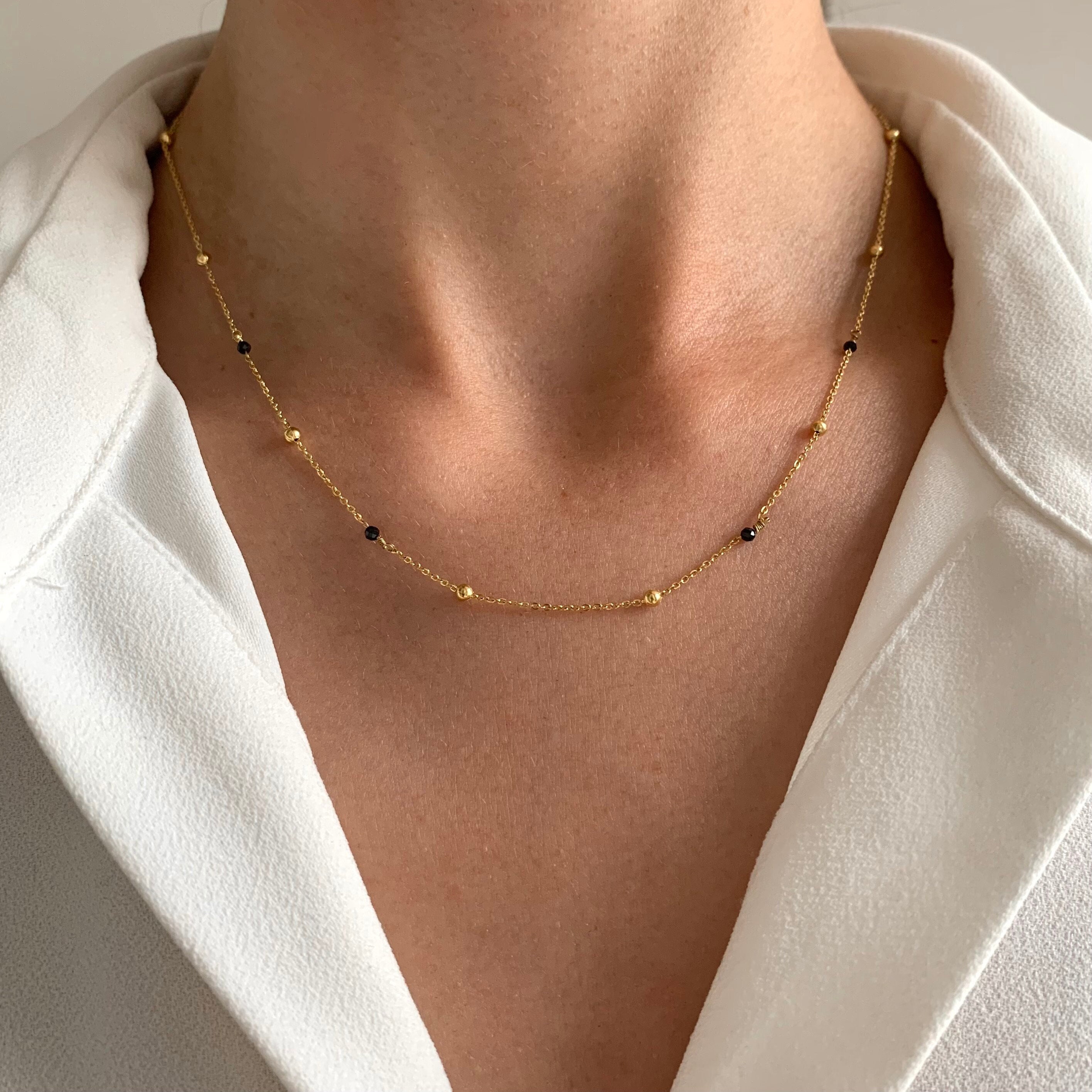 Stainless Steel Necklace With Black Pearl Ball Chain