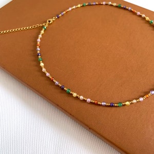 Multicolored pearl necklace / Women's stainless steel necklace, pink blue green pearls image 3