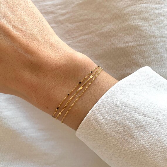 Bracelet Fin En émail Noir Et Acier Inoxydable Doré - Motifs Délicats, Pour Femme/fille, Neuf Avec étiquettes