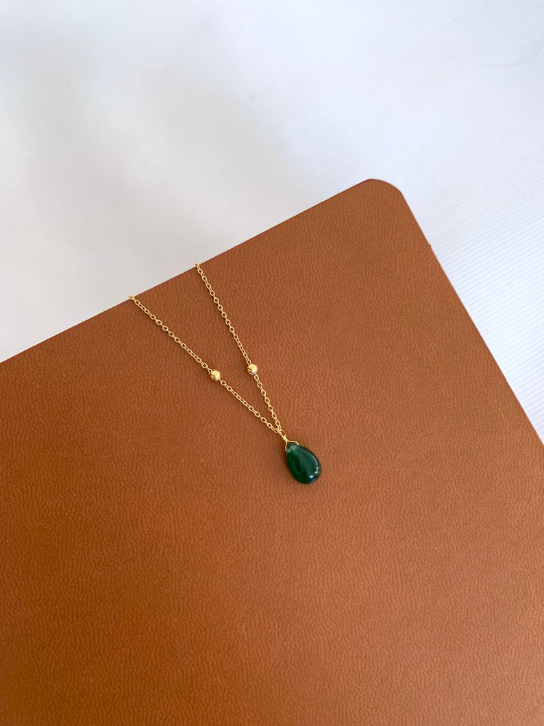 Fine green stone pendant necklace / Minimalist women's necklace with stainless steel chain image 3