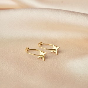 Stainless steel hoop earrings with star pendant / Women's small fine gold tassel hoop earrings image 2