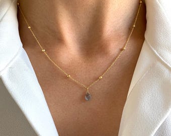 Delicate labradoriet hanger ketting / Minimalistische damesketting met roestvrijstalen schakels / Cadeau voor vrouwen