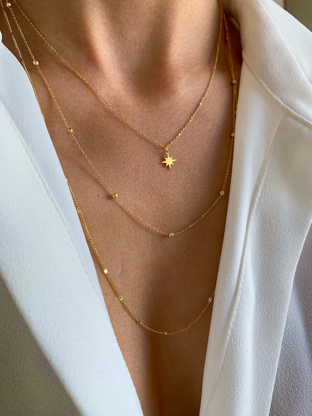 Collier fin triple rang chaines pendentif étoile / Collier femme acier inoxydable minimaliste chaine - France