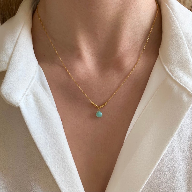 Fine stainless steel chain necklace with Amazonite turquoise blue stone pendant / Women's necklace with fine natural stone drop chain Amazonite