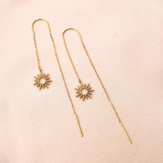 Boucles D'oreilles Plaqué Or - Pendantes Avec Chaînes Et éventail - Neuves