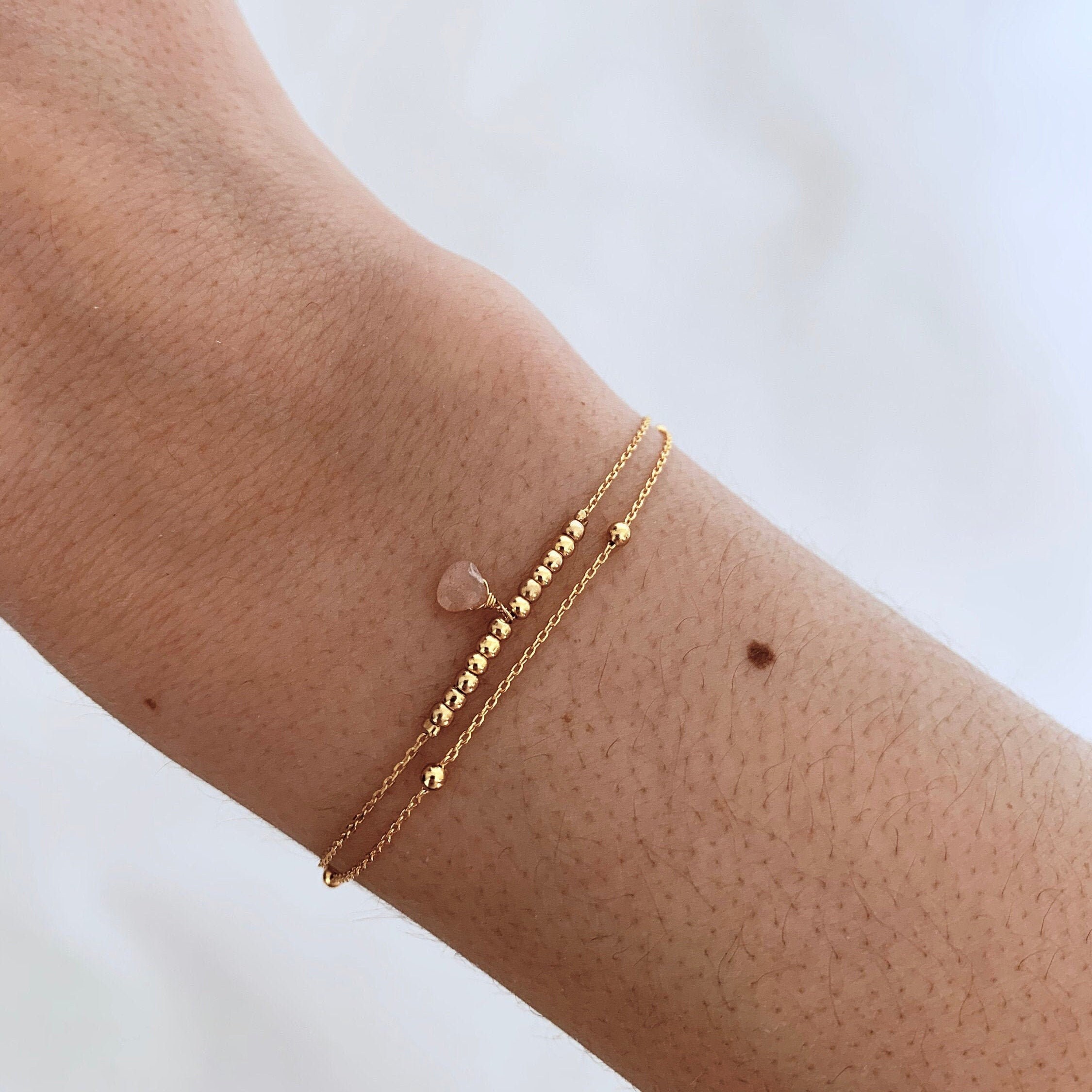 Women's double-row chain fine pink quartz bracelet / Fine gold go…