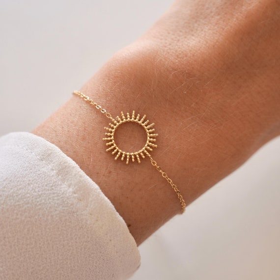 Bracelet Femme Doré - Acier Inoxydable Et Titane - Motif Soleil Réglable - Neuf Sans Emballage