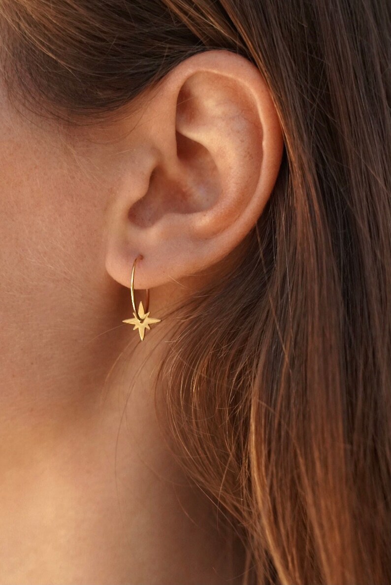 Stainless steel hoop earrings with star pendant / Women's small fine gold tassel hoop earrings image 1