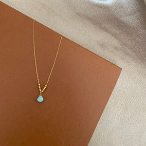 Fine stainless steel chain necklace with Amazonite turquoise blue stone pendant / Women's necklace with fine natural stone drop chain image 5