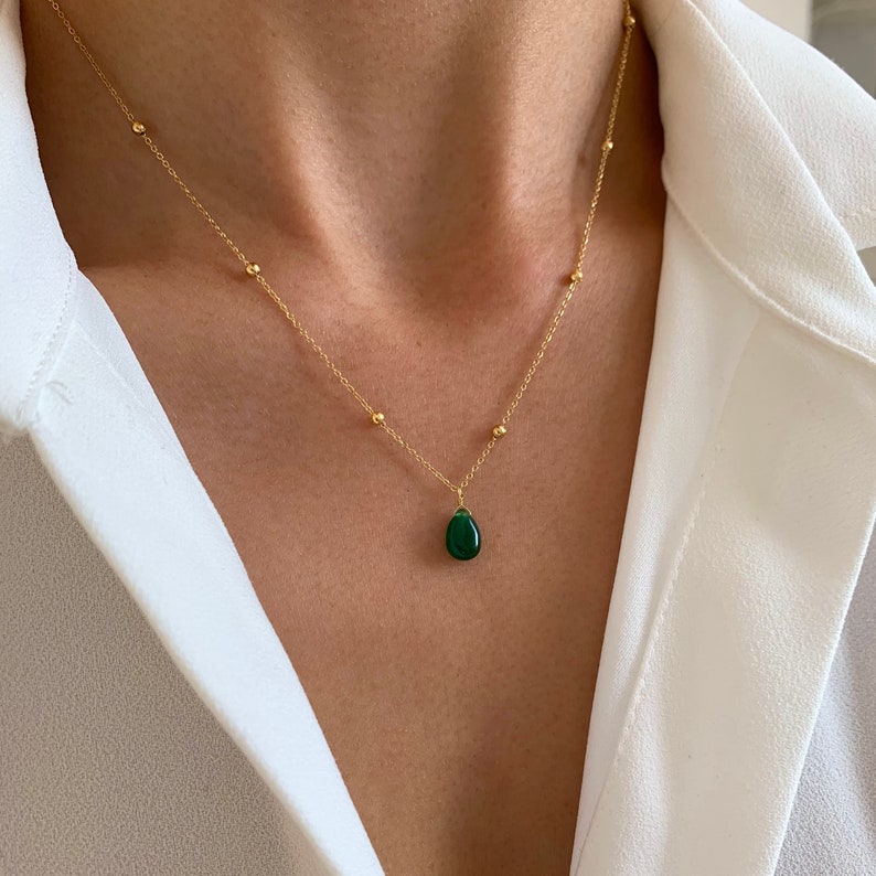 Fine green stone pendant necklace / Minimalist women's necklace with stainless steel chain image 1
