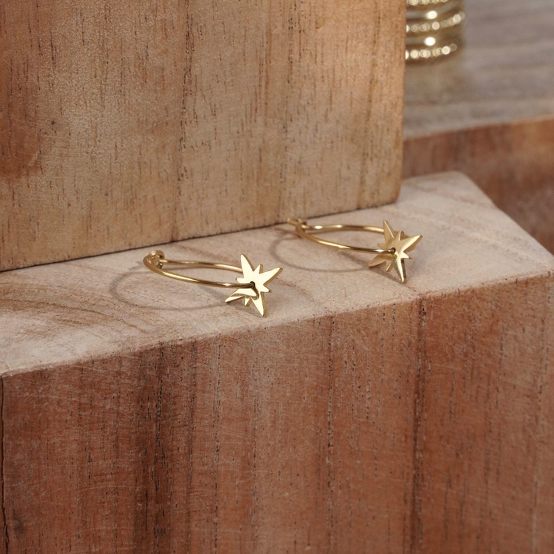 Stainless steel hoop earrings with star pendant / Women's small fine gold tassel hoop earrings image 3