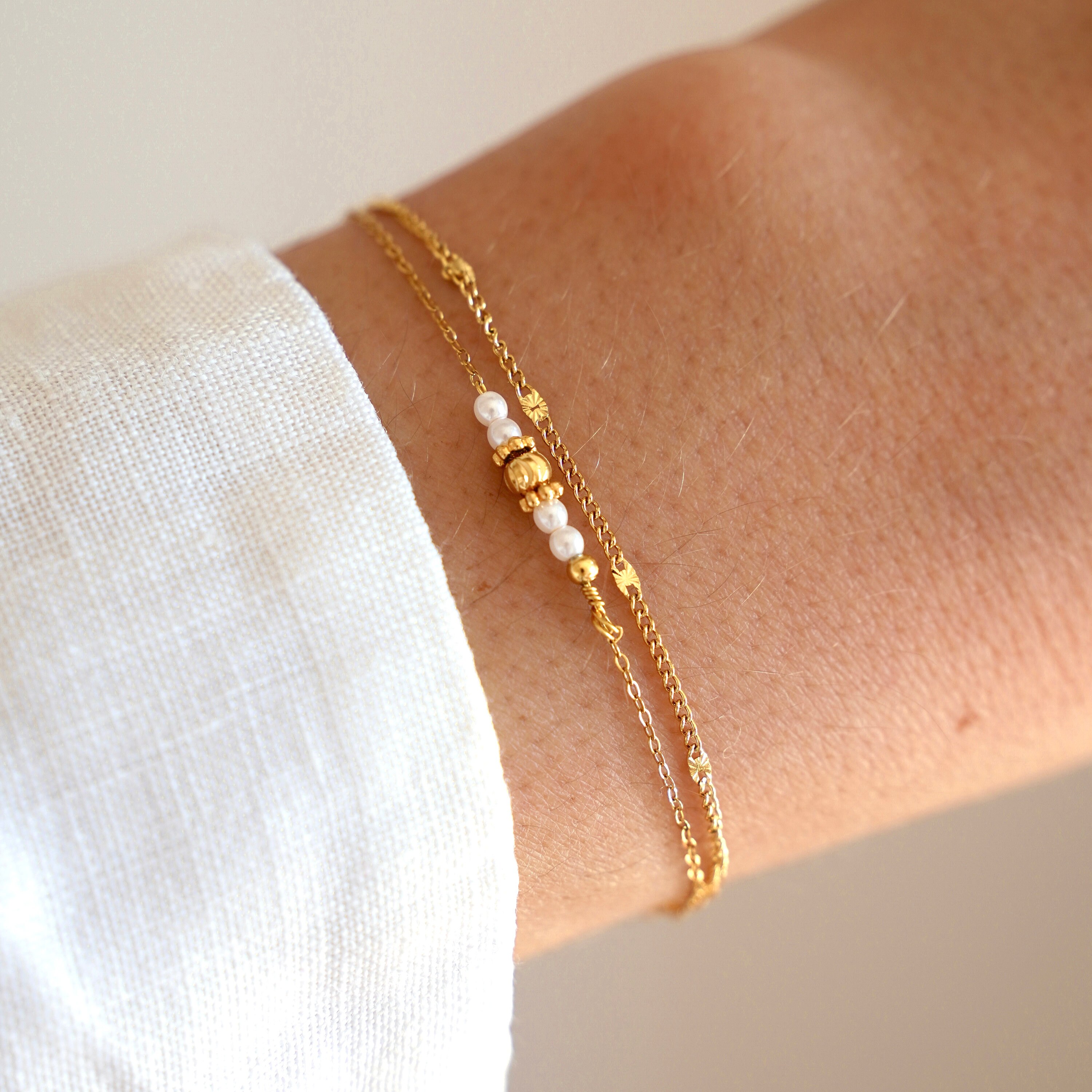Bracelet Double Chaîne Avec Strass Et Perles – Doré, Nickel, Neuf Sans Emballage