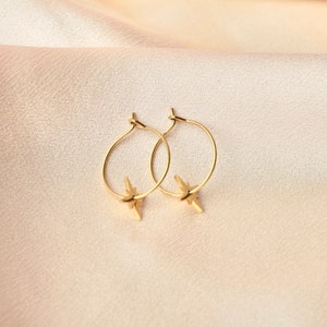 Stainless steel hoop earrings with star pendant / Women's small fine gold tassel hoop earrings image 4