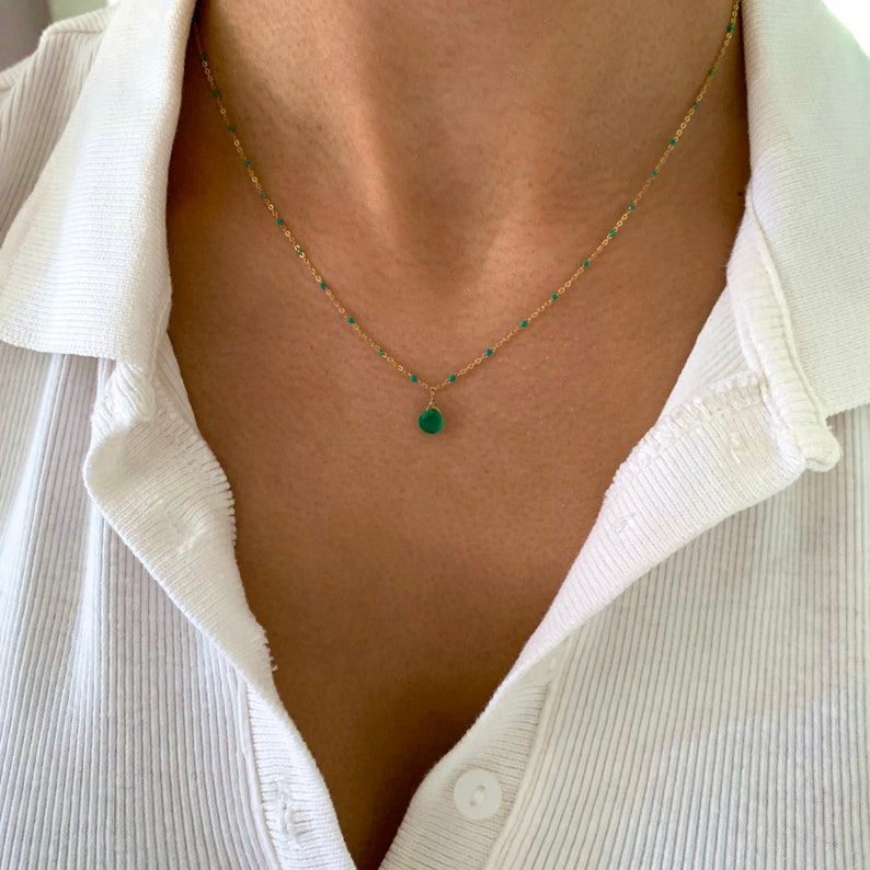 Stainless steel necklace with green Agate stone drop pendant / Minimalist women's chain necklace image 1