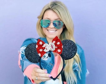 30th Birthday Mouse Ears Headband | Black Sequin Ears + Choose Bow Color & Age