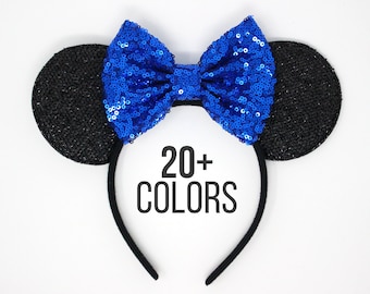 Blue Mouse Ears One Size | Mouse Ear Headband | Blue Sequin Bow Ears | Blue Headband | All Ages Mouse Ears | Choose Bow Color