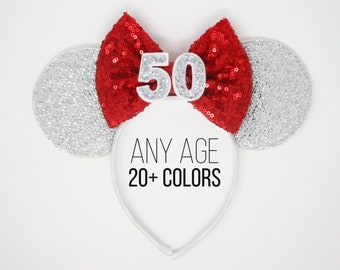 50th Birthday Mouse Ears | Silver Mouse Ears | Colored Ears | Silver Ears | 50th Birthday Ears | Choose Age + Color