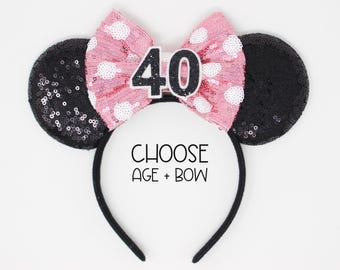 40th Birthday Mouse Ears Headband | Black Sequin Ears + Choose Bow Color & Age