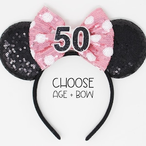 50th Birthday Mouse Ears Headband | Fabuous Fifty | Black Sequin Ears + Choose Bow + Back Sequin Birthday Number | Any Age