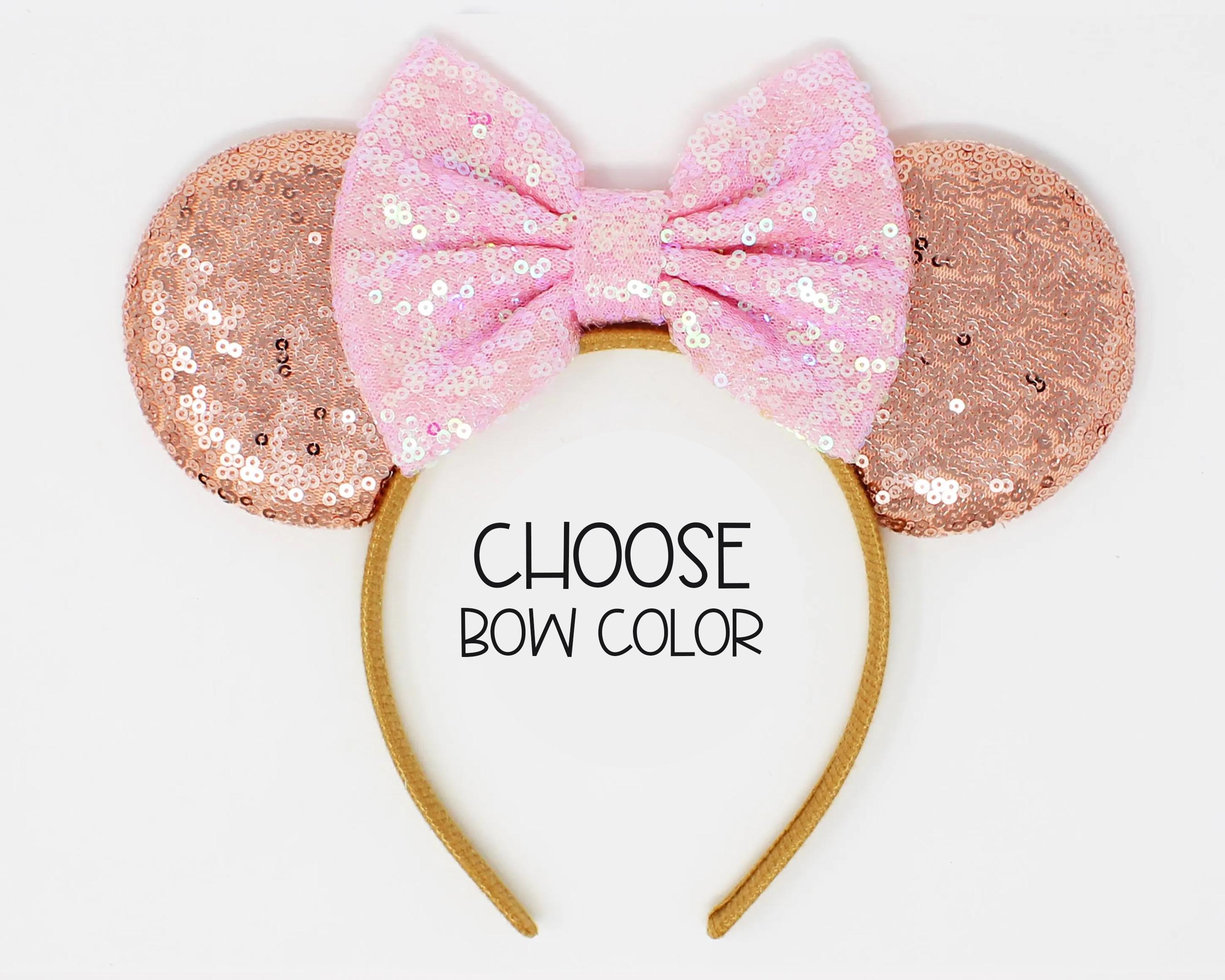 Disney Rose Gold Sequin Minnie Ears Headband with Pale Pink Bow New Rose Gold Minnie Mouse Balloon Ears Headband found at  main image 4